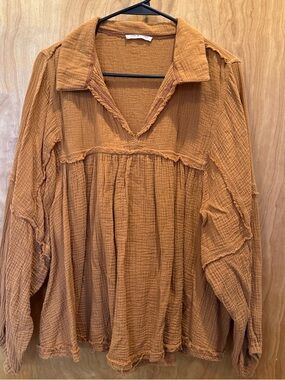 Boho Textured Long Sleeve Top - Mustard Brown
